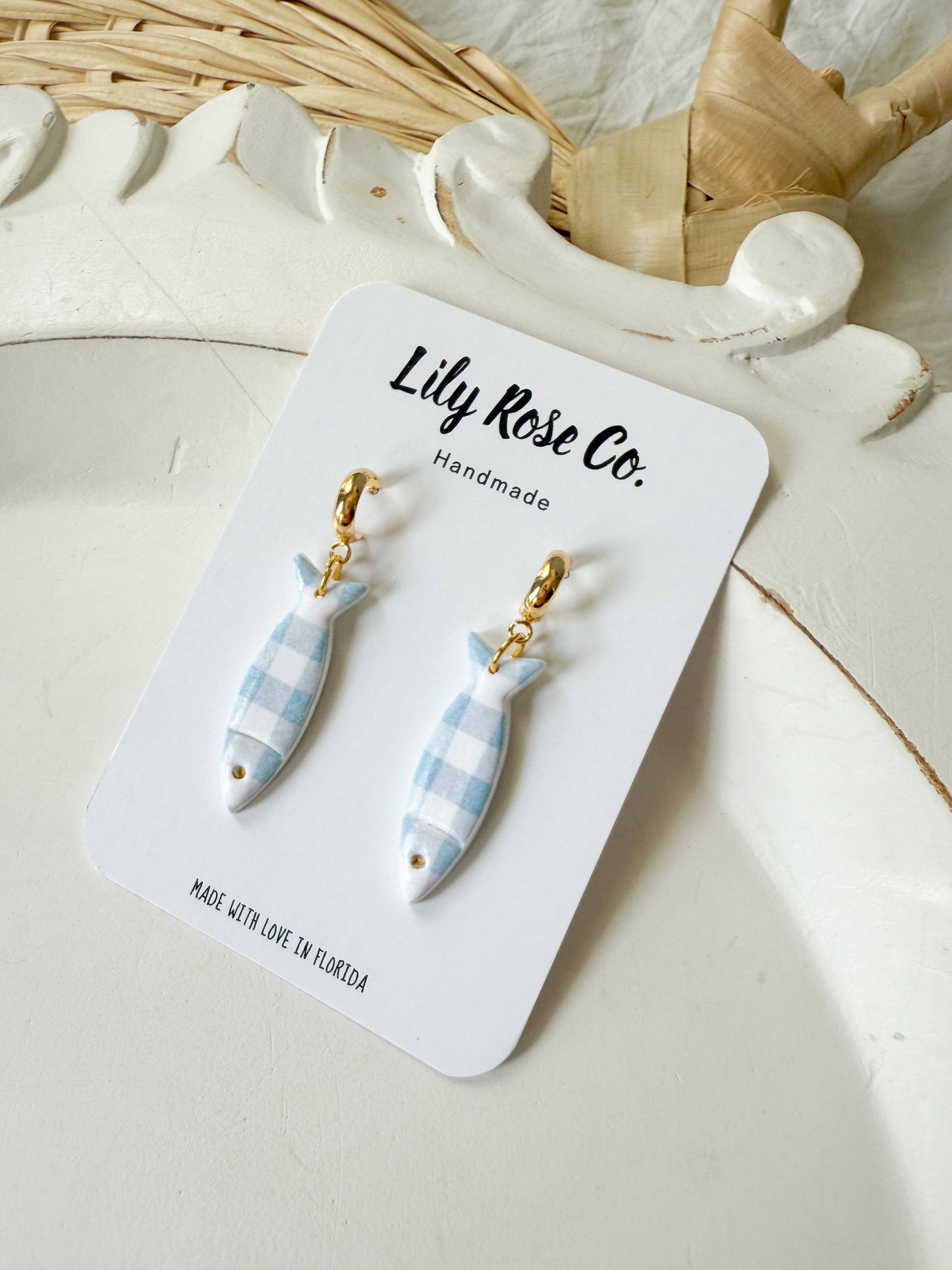 Blue Gingham Fish / Clay earrings / Women’s Earring