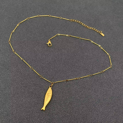 18K Gold Plated Stainless Steel Fish Charm Necklace - FGS