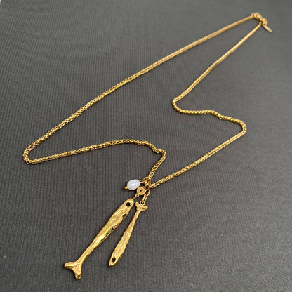 Double Fish Charm 18K Gold Plated S.Steel Necklace - FGS