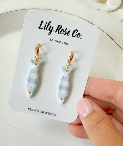 Blue Gingham Fish / Clay earrings / Women’s Earring